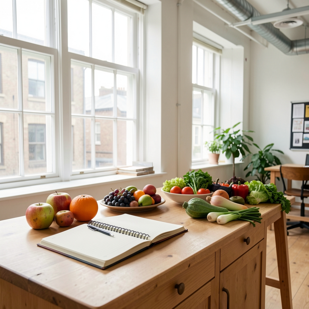 Editorial desk with open notebook, handwritten nutritional notes, coloured pens, and a glass of water, photographed in soft natural light from a side window