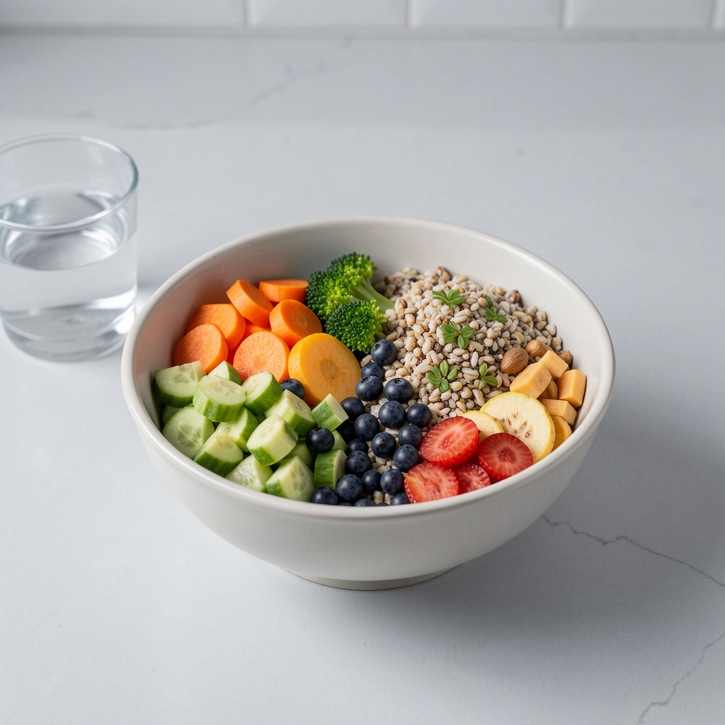 Neat portion of mixed grain bowl with measured vegetable servings and a small glass of water on a clean light-grey kitchen surface, studio lighting