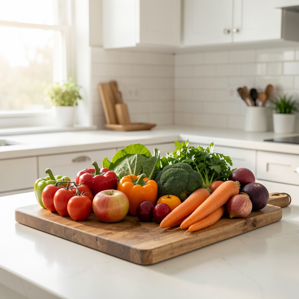 Bright kitchen counter with fresh seasonal vegetables, colourful produce arranged on a wooden cutting board in natural morning light
